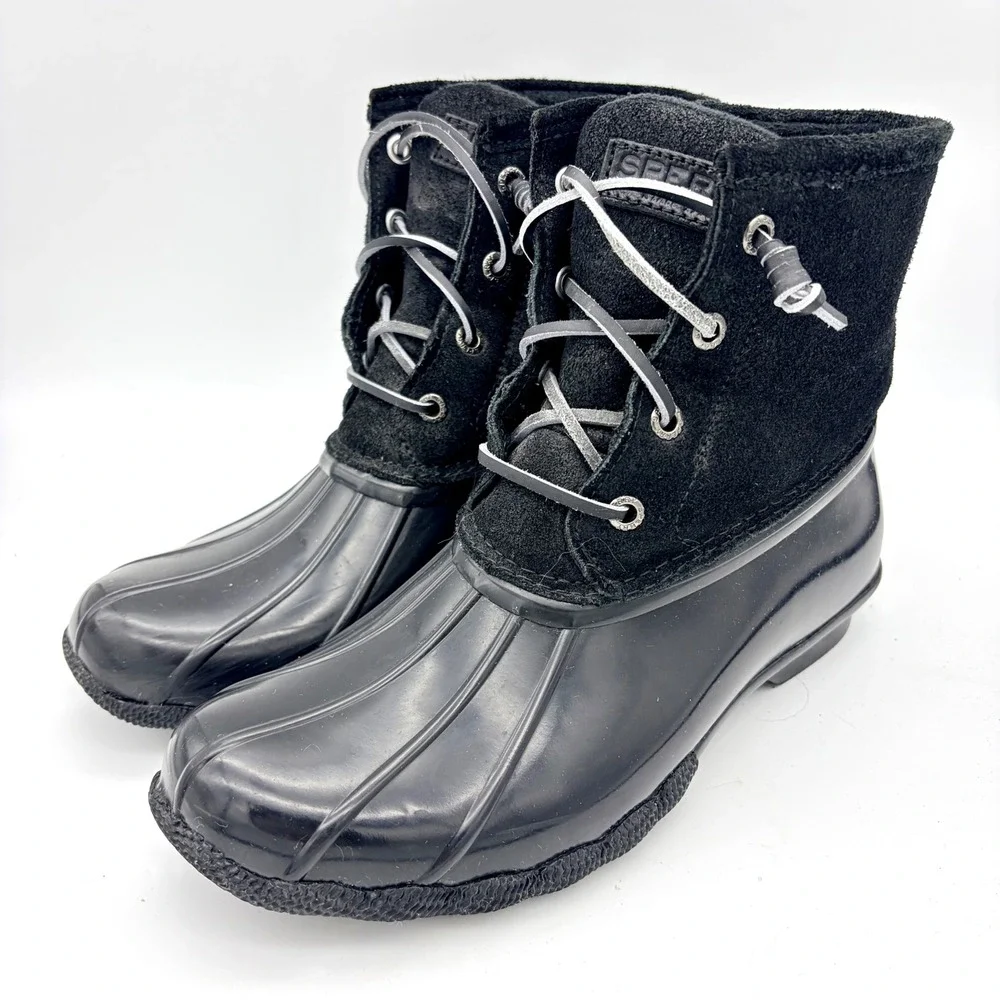 Sperry Saltwater Black Suede & Rubber Duck Boots‎ W7 Waterproof Outdoor Utility
